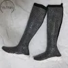 Venda quente-feminino blinging cristal coxa alta sapatilhas botas mulheres tricô meia strass Botas longas mulher mola sobre o joelho