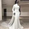African White High Neck Satin Mermaid aftonklänningar En axel Ruched Sweep Train med Wrap Formal Party Red Carpet Prom -klänningar