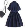 2020 Summer 1/2 Sleeve Lapel Neck Blue Contrast Color Belted Panelled Knee-Length Dress Elegant Casual Shirt Dresses OJ2314233