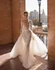 New Mermaid Wedding Dresses Applique Plunging Neck Bridal Gowns With Detachable Train Long Sleeve Illusion Wedding Dress Custom Made 3963