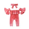 Bébé filles Or velours barboteuse infantile manches à volants combinaisons sans épaules Boutique de mode enfants vêtements d'escalade avec bandeau 2 couleurs B11