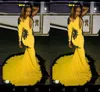 African Nigerian Yellow Mermaid Prom Dresses Black Lace Applique Feather Satin Long Sleeves Formal Dress Evening Gowns Vestidos De Noiva