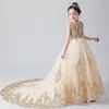 Długie Trailing Girl's Pageant Urodziny Dress Gold Tulle Cekiny Kwiaty Dziewczyna Princess Dress Fluffy Kids First Communion Sukienki