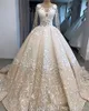 2020 Dubai Arabic Luxury Vintage Champagne Ball Gown Wedding Dresses Long Sleeve Lace Appliqued Bridal Gowns Plus Size Meerjungfrau Brautkle