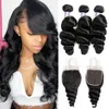 Ishow Peruvian Loose Deep Wave Body 3/4 Bundles med 4x4 Lace Closure Brasilianska Virgin Hair Extensions för kvinnor Alla åldrar Jet Black 8-28Inch