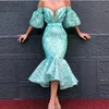 Tea Length Prom Klänningar från axeln Halv Ärmes Mermaid Evening Dress Audi Arabia Zipper Back Cocktail Party Gowns