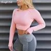 Women's Pink Seamless Long Sleeve Crop Top Yoga Shirts with Thumb Hole Running Fitness Workout Seamless Top Shirts