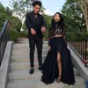2019 New Two-Piece Evening Dresses Sexy Front Split Prom Gowns With Long Sleeve Lace Tulle Celebrity Formal Wear Black Girl Couple Day