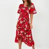 Mode-Women Floral Print Chiffon Beach Dress Sexig Slit V-Neck Wrap Party Lång Klänning Elegant Vintage Ruffles Casual Summer