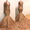 Sequins Applique Mermaid Evening Dresses 2020 Real Image Long Sleeve Gold Champagne 3D Rose Floral Bottom African Black Girl Prom Dress