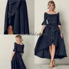 Modest Hi Low Mother Bride Dresses Bateau Neckline Ankel Längd Half Sleeves Groom Brudens brudklänningar Asymmetry Evening Wear Gowns 2019