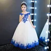 Long Princess Askepott Flower Girl Dresses Off-the-Shoulder golvlängd Bollklänning Blue Kids Pageant-klänningar Nyaste design Custom 267n