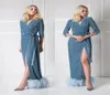 2020 Wedding Robes V-neck Long Sleeves Night Gown For Women Velvet Feather High-split Custom Made Simple Cheap Pajamas Sleepwear