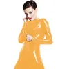 Plus Size S-6XL Wetlook Catsuit Mulheres Sexy PVC Jumpsuit Manga Longa Zíper Bodysuit Open Crotch Catsuit Fancy Cosplay Costume