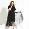 [eam] 2019 Spring New Large Size Long Big Size Net Yarn Spliced Black O-neck Short Sleeve Sexy Mesh Dress Woman 5xl 3361 MX190727 MX190801