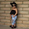 Samgamibaby 2020 Kids Designer Wear Ins Hot Style Girls 'Polka Dot Shoulder Dress + Ripped Jeans Tiara