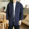 Powiązanie Moda Męskie Solidne Kolor Z Długim Rękawem Kurtki Cardigan Casual Harajuku Retro Bawełniana Baggy Męskie Kimono Coats Streetwear