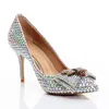 Mooie bowtie rhinestone trouwschoenen puntige tenen Cinderella Prom pompen 8 cm hoge hak moeder van de bruid schoenen maat 41