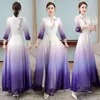 Aodai Floral Print Wedding Party Dress Women Chinese Style Cheongsam 3/4 Sleeve purple elegant Robe Qipao Chiffon Korean gown