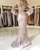Srebrne Muzułmańskie Suknie Wieczorowe 2019 Mermaid V Neck 3/4 Rękawy Koronki Zroszony Aplikacja Islamska Dubaja Saudyjska Długa Elegancka Suknia Wieczorowa