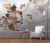 European modern fashion hand-painted flowers butterfly jazz white marble pattern decorative back wallpaper wall