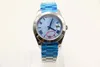 36MM Classical Mens automatic Watch Watches display round blue striped dial president strap stainless watch case