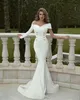 Nieuwe Sexy Mermaid Prom Dresses Off The Shoulder Satin Lange mouwen Plooien Satijnen Avondjurken Custom Made Sweep Trein Formele feestjurken