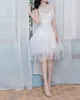 Modest A Line Wedding Dresses Jewel Neck Sleeveless Appliques Beads Feathers Tulle Plus Size Wedding Dress Knee Length Robes De Mariée