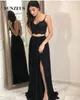 Tvåbitar Svart Prom Klänning Spaghetti Straps Appliques Crop Top Long Chiffon Party Dresses Woman Vestido de Festa