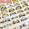 Fashion 50pcs/lot Crystal Zircon Rhinestones Solitaire Rings Mix Style Stainless Steel Titanium finger Band fie women and men Party Jewelry Gift