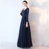 Marinho azul tule vestidos de longa noite com mangas 3/4 2019 uma linha formal vestidos de baile