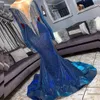 Sparkly Blue Mermaid Prom Dresses Sheer Neck Silver Tassel Lange Mouwen Lovertjes Avondjurken Goedkope Formele Party Jurk 2019-2020