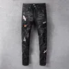 Mäns svart fågel broderade målade rippade jeans streetwear hål patchwork stretch denim byxor mager penna byxor