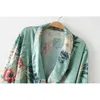 2019 Ny Vintage Pareo Retro Floral Print Green Long Kimono Jacket Långärmad Cardigan Maxi Shawl Summer Tops Belted Beachwear V191019