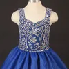 Royal Blue Organze Prenses Küçük Kız Pageant Elbise Spagetti Dantel-up Boncuk Rhinestones Parti Elbise İlk Communion Elbise Düğün için