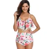 Traje de baño Sexy para mujer, conjunto de Bikinis, Bikini de cintura alta con volantes Retro, traje de baño de dos piezas con cuello Halter