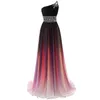 Beaded One Shoulder Evening Dresses Lace Up 2020 Gradient Färg Long Chiffon Prom Lugnar Vestidos de Noiva