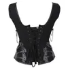 Kobiety Czarny Steampunk Gothic Halterneck Overbus Corset Kamizelka Z Przyciskami i Złotym Łańcuch Akcenty Klasyczne Lace Up Plastic Boned Clubwear XXL