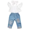 Grossist designkläder för barn flickor Mode Off shoulder Crop Tops Vit+Hål Jeansbyxa Jean+Pannband Designkläder för småbarnsflicka