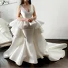 High Fashion Ivory Bröllopsklänning Anpassad Made Satin Brides Klänning Puffy Waist Long Train Mariage Bridal Robe de Soiree Women Event Dresses
