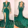 New Sexy Backless Prom Dresses Mermaid Long Sleeves Hunter Green Gold Lace Beaded Deep V Neck Special Occasion Evening Gowns
