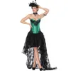 Damen-Halloween-Kostüm, Wimpern-Spitze-Vollbrust-Korsett-Oberteil und ein schwarzes florales Mesh-Hi-Lo-Langrock-S-XXL-Burlesque-Korsett-Kleid, 2-teiliges Set-Outfit