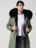 7 kleuren Mannen sneeuwjassen zwart wasbeerbont trim hoody winddicht Meifeng merk zwart konijnenbont voering legergroen canvas lange parka