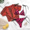 Traje de baño de vendaje de cuerda para mujer, traje de baño femenino con estampado de animales, conjunto de bikini de 3 piezas, traje de baño Sexy rosa neón 2020, biquini para mujer