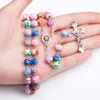 Nouveau Religion croix pendentif chapelet colliers pour femmes coloré doux poterie perles longue chaîne vierge marie bijoux