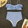 Sexig Retro Blå Vit Striped Bandeau Hög Midja Bikini 2020 Lady Badkläder Kvinnor Baddräkt Kvinna Ruffle Ruched Swim Baddräkt