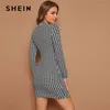 Shein preto e branco Mock pescoço Houndstooth Imprimir Bodycon vestido Mulheres Spring Autumn manga comprida elegantes lápis cabidos Vestidos