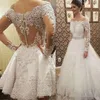 Abiti da sposa applicati di lusso con spalle scoperte Gonne oversize in cristallo con perline Maniche lunghe su misura Illsuion Abito da sposa corto da sposa