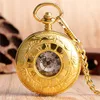 Luxo Prata Bronze Golden Pocket Watch vintage Skeleton Hand Winding Rel￳gios mec￢nicos ca￧adores duplos case pingente pingente Chain195o