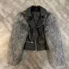 New Fashion Women 'の長袖Turn Down Collar Pu Leather PatededFaux Fox Fur Cool Fashion Short Coat JacketSM L